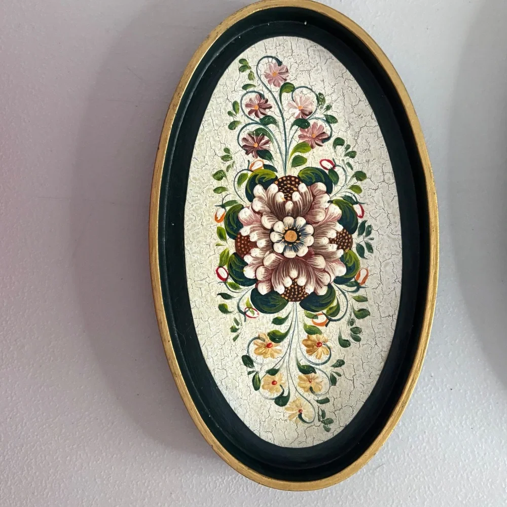 Vintage Floral Hand Painted Nesting Trays Set of 3 Oval Black Gold Crackle Folk